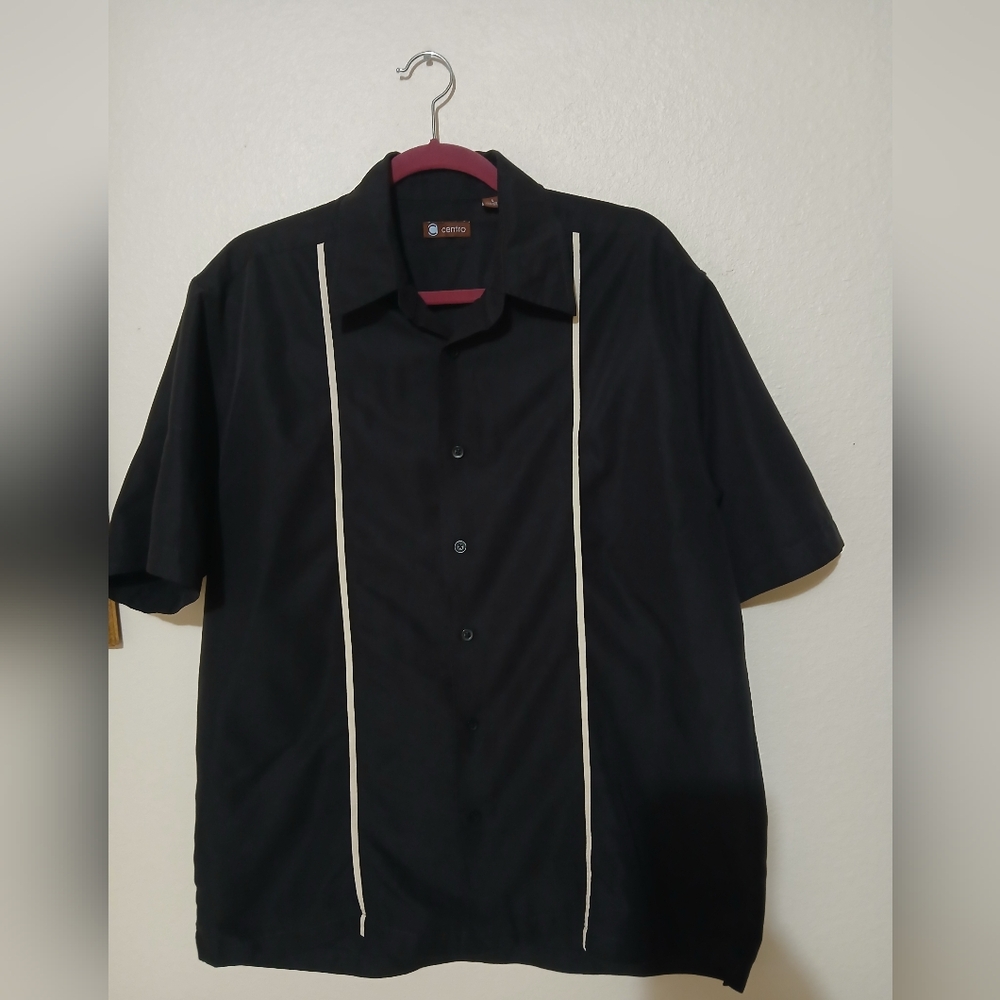 Black Button-Up Shirt with White Stripes